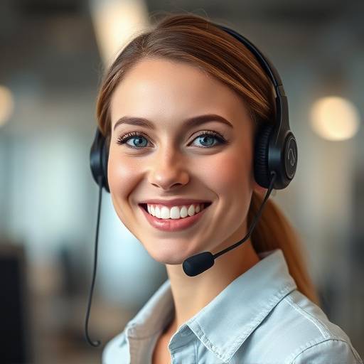 Imagem de um representante de suporte ao cliente sorrindo e usando um headset